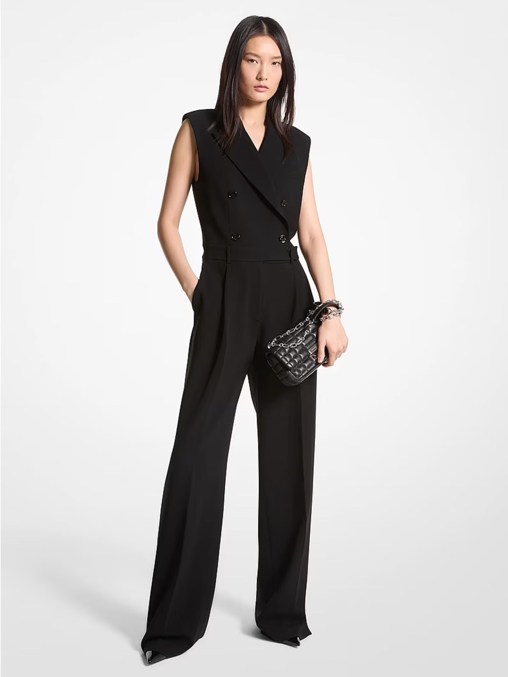 Michael Kors Sleeveless Double-Breasted Wide-Leg Jumpsuit - Black